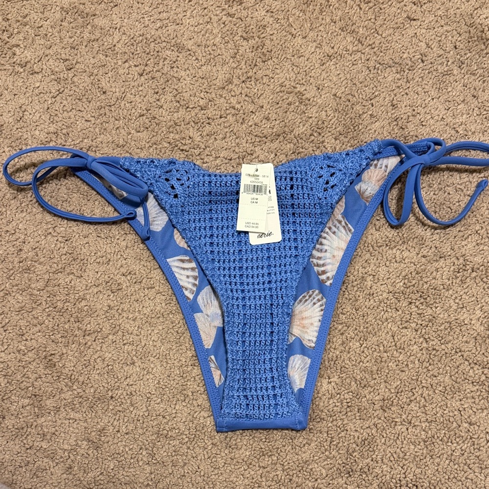 aerie Blue Crochet Shell-Print Tie-Side Bikini Bottom